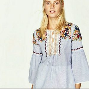 Zara Striped Embroidered and Beaded Top Size XS